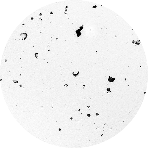 Ein weißer Kreis mit schwarzem Hintergrund und verstreuten schwarzen Punkten und Flecken.
